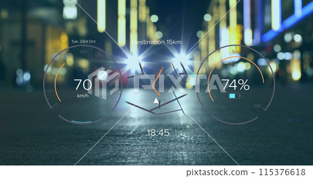 Image of electric car speedometer data processing over city 115376618