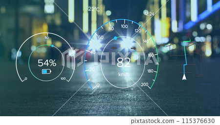 Image of electric car speedometer data processing over city 115376630