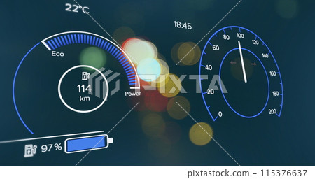 Image of electric car speedometer data processing over city 115376637