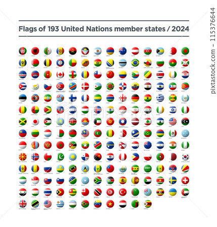 Set of spherical flag icons of 193 countries around the world, 2024 edition 115376644