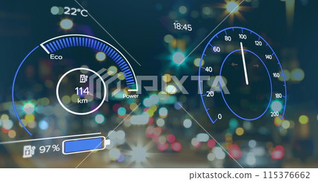 Image of electric car speedometer data processing over city Image of electric car speedometer data processing over city 115376662