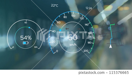 Image of electric car speedometer data processing over city Image of electric car speedometer data processing over city 115376665