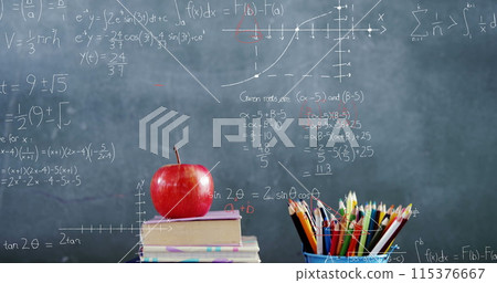 Image of mathematical equations floating over books, apple and coloured pencils with blackboard in t 115376667