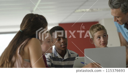 Image of mathematical equations floating over schoolchildren and teacher using laptop computer and t 115376693