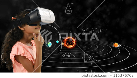Image of mathematical equations and solar system floating over schoolchild wearing vr goggles 115376702