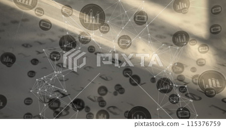Image of network of connections with icons over blurred background 115376759