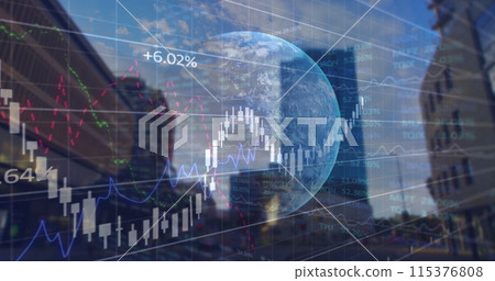 Image of data processing and globe over cityscape 115376808