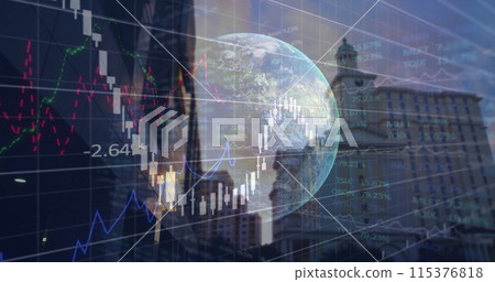 Image of data processing and globe over cityscape 115376818