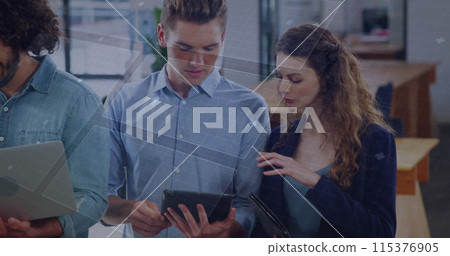 Image of data processing on digital screen over diverse female and male coworkers Image of data processing on digital screen over diverse female and male coworkers 115376905