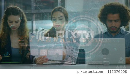 Image of data processing on digital screen over caucasian female coworkers Image of data processing on digital screen over caucasian female coworkers 115376908
