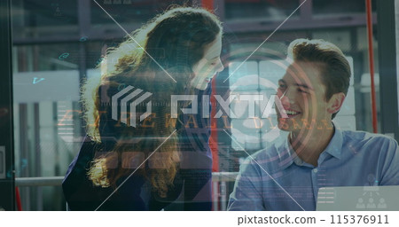 Image of data processing on digital screen over happy caucasian female and male coworkers 115376911