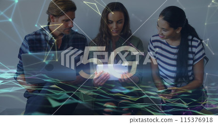 Image of 5g and network of connections over diverse female and male coworkers 115376918