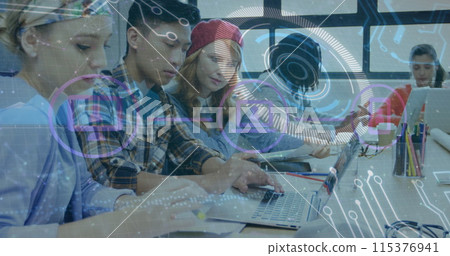 Image of data processing on digital screen over diverse female and male coworkers 115376941