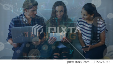 Image of connections over happy diverse students using electronic connections 115376948