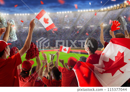 Canada football team supporter on stadium. Canada football team supporter on stadium. 115377044