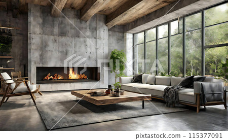 Stylish living room with a fireplace 115377091