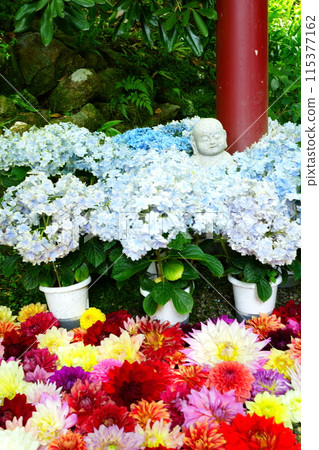 地藏菩薩矗立在紅色鳥居的底部，周圍環繞著鮮花 115377162