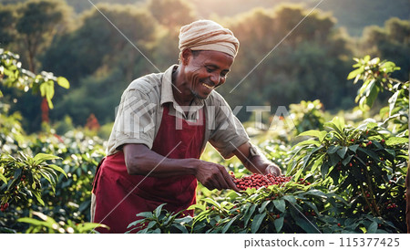 A man farmer harvests coffee.Raw red coffee beans in the hands of a farmer. 115377425