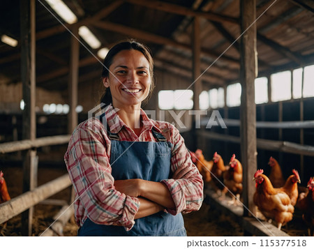 Happy female farmer on a rural farm with poultry and chicken eggs. 115377518