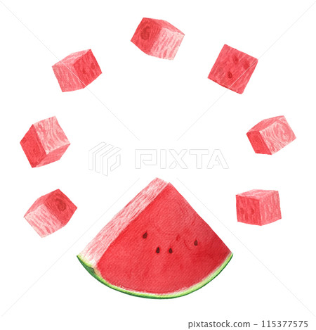 Watermelon slice and cubes red and juicy with a few seeds. Watercolor round frame isolated on white, hand drawn for food design. Packages, juice, smoothie, menu, organic food, ice cream label, logo 115377575
