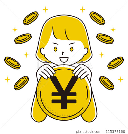 一個眼睛閃亮的女人拿著日元硬幣的插圖 115378168