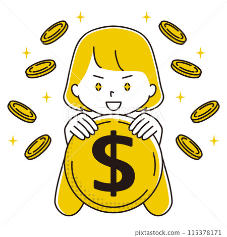 Illustration of a woman with shining eyes holding a dollar coin Illustration of a woman with shining eyes holding a dollar coin 115378171