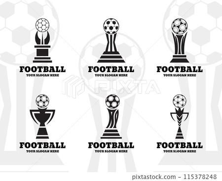 Soccer trophy. Champion cup. Sport team game. Award ball logo for championship league. Players tournament or winners reward. Football competition. Vector footballer match icons set 115378248