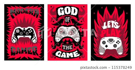 Game boy prints. Video gamer design. Control joystick for T-shirt with slogan and gamepad console. Modern cyber play. Red fire flames. Gaming controller. Grunge drawing. Vector banners set 115378249