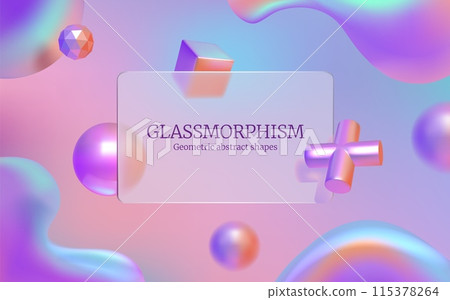 Glass morphism background. 3d abstract shapes, geometric and rectangle transparent effects. Pink purple minimal banner backdrop template, transparent square frame, vector futuristic design 115378264
