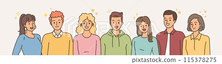 Happy people. Smiling men and women. Doodle colleagues team. Friends flat portrait. Business group. Cheerful characters standing together. Positive employees. Vector office community 115378275