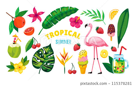 Summer beach. Hawaii travel. Caribbean party. Exotic flamingo. Tropical fruit for cocktail drink. Ice cream. Flowers and pineapple. Vector summertime vacation elements set palm leaves Summer beach. Hawaii travel. Caribbean party. Exotic flamingo. Tropical fruit for cocktail drink. Ice cream. Flowers and pineapple. Vector summertime vacation elements set palm leaves 115378281