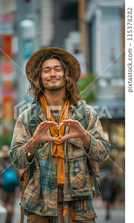 Homeless man making a heart mark AI image Homeless man making a heart mark AI image 115378282