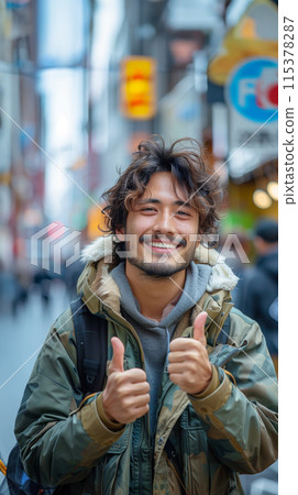 AI image of a homeless man giving a thumbs up 115378287
