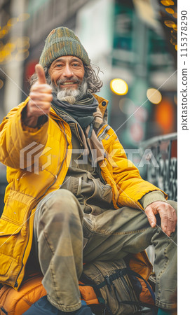 AI image of a homeless man giving a thumbs up AI image of a homeless man giving a thumbs up 115378290