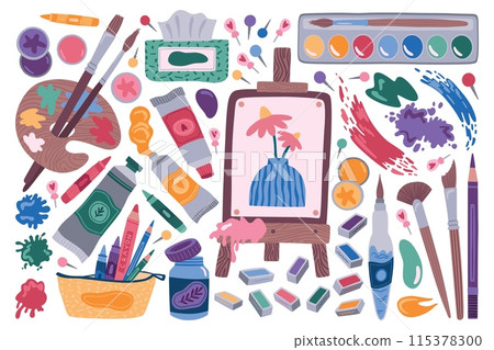 Painter tools. Paint art brush, craft doodle pencil and children draw, cute watercolor class or school stationery. Brushes for artist and acrylic paints vector cartoon flat isolated illustration Painter tools. Paint art brush, craft doodle pencil and children draw, cute watercolor class or school stationery. Brushes for artist and acrylic paints vector cartoon flat isolated illustration 115378300