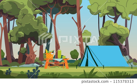 Cartoon picnic camping landscape. Tent and basket on table in the forest. Traveling background, recreation and adventures, weekend and vacation outdoors cartoon flat isolated vector illustration 115378313