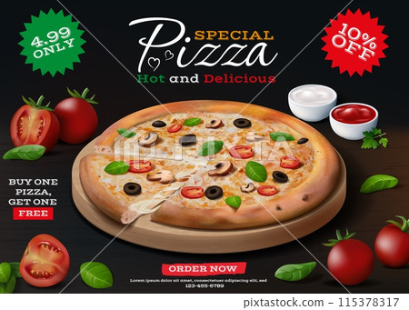 Pizza menu. Pepperoni delivery ad with ingredients like mozzarella cheese, tomato and baked ketchup, basil leaves. Realistic isolated elements. Pizzeria restaurant. Vector advertising banner Pizza menu. Pepperoni delivery ad with ingredients like mozzarella cheese, tomato and baked ketchup, basil leaves. Realistic isolated elements. Pizzeria restaurant. Vector advertising banner 115378317