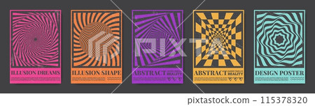 Brutalist posters. Brand modern graphic shapes. Trend tech print with geometric artwork and typography. Optical illusion. Spiral hole. Checkered psychedelic design. Vector banners set 115378320