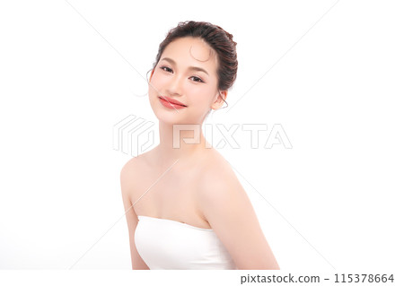 Beautiful young asian woman with clean fresh skin on white background, Face care, Facial treatment, Cosmetology, beauty and spa, Asian women portrait. Beautiful young asian woman with clean fresh skin on white background, Face care, Facial treatment, Cosmetology, beauty and spa, Asian women portrait. 115378664