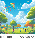 Children playing in the park under a blue sky with clouds 115378678