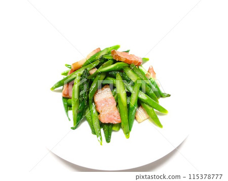 Delicious stir-fry of asparagus and bacon in olive oil Delicious stir-fry of asparagus and bacon in olive oil 115378777