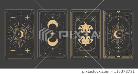 Tarot reverce border magic sacred cover card frame gold line border celelstial mystery esoteric decoration with moth stars and moon on dark background. 115378781