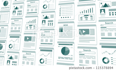 Entire screen: Illustrations of search screens, news, data, etc. Entire screen: Illustrations of search screens, news, data, etc. 115378894