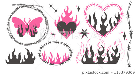 Set Barbed wired Heart with flame y2k gothic tattoo neo tribal, bytterfly punk isolated on white background. Retro 90s decoration, emo symbol. Love, romantic shape. Set Barbed wired Heart with flame y2k gothic tattoo neo tribal, bytterfly punk isolated on white background. Retro 90s decoration, emo symbol. Love, romantic shape. 115379309