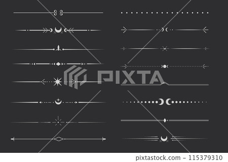 Silver celestial divider thin line border decoration. Collection tribal with moon, stars and arrows mystical separators. Modern ornament minimal set isolated on dark background. Silver celestial divider thin line border decoration. Collection tribal with moon, stars and arrows mystical separators. Modern ornament minimal set isolated on dark background. 115379310