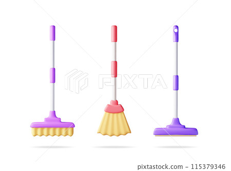 3d set of cleaning mop and broom 115379346