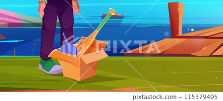 Cardboard box with baseball bit and cap outdoors 115379405