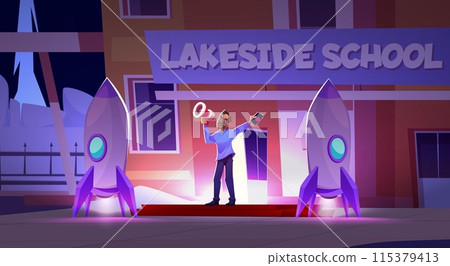 Man with loudspeaker and button launch two rockets 115379413