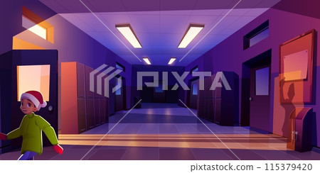 Scared kid boy in dark empty school corridor 115379420