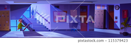 Little kid boy in dark empty school corridor 115379423